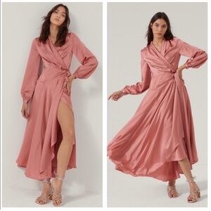 Nasty Gal Satin Long Sleeve Maxi Wrap Dress